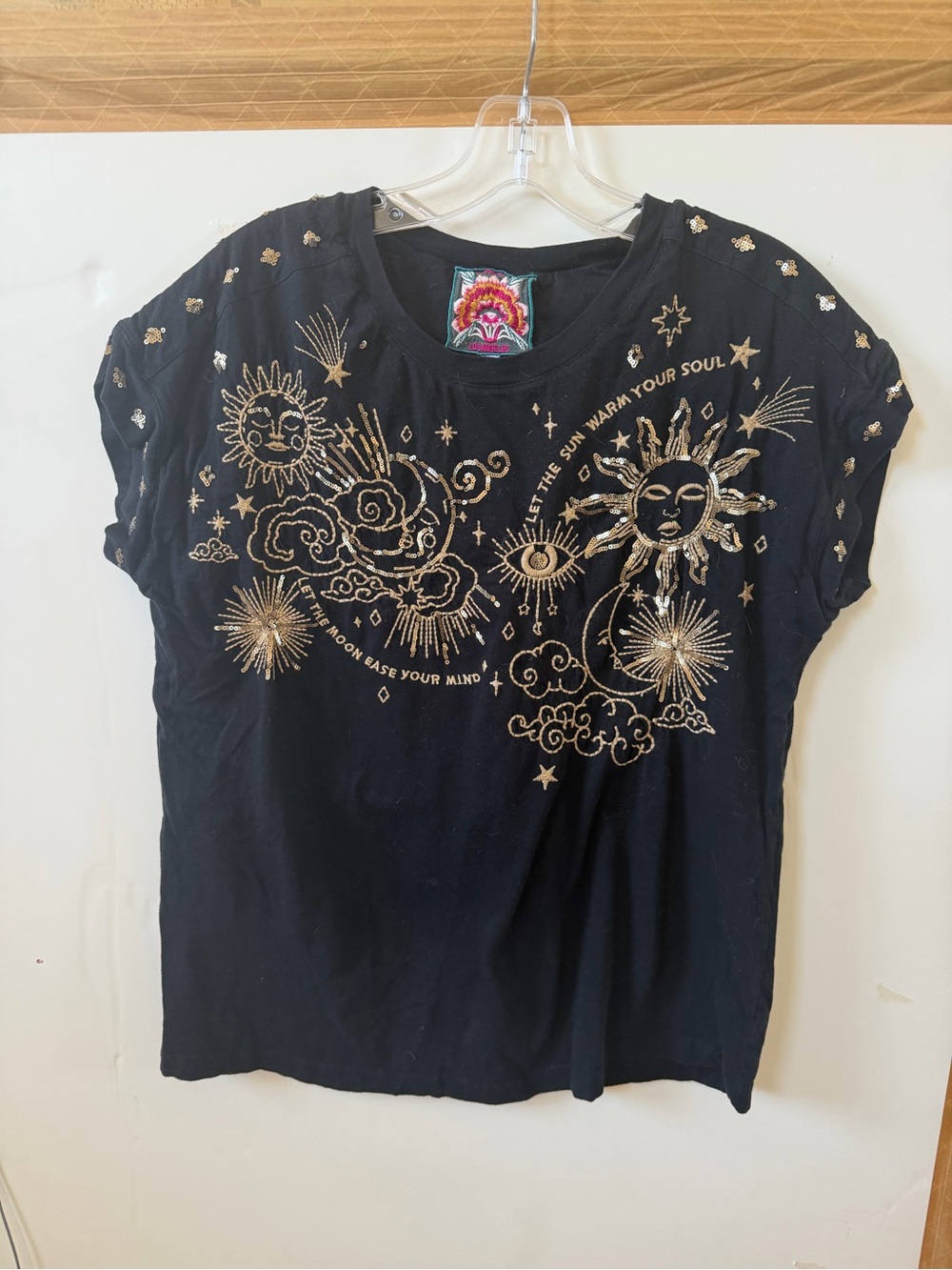 Johnny Was Black Tee with Metallic Gold Celestial Embroidery